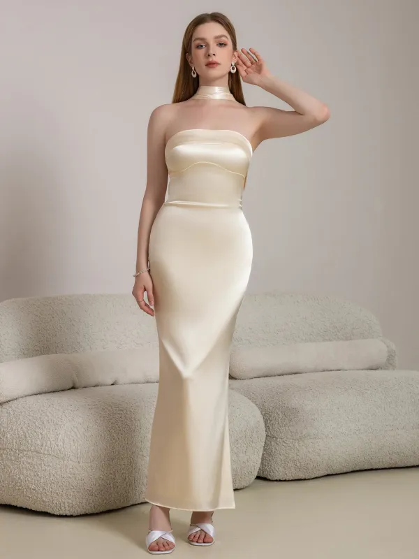 Halter Draped Back Satin Bodycon Prom Dress sold by Parthea Fashion
