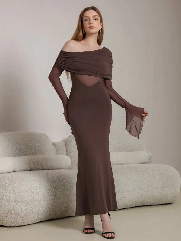 One Shoulder Spliced Ruched Trim Mermaid Mesh Dress sold by Parthea Fashion