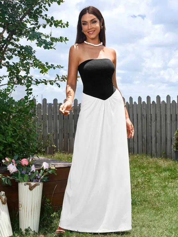 Contrast Ruched Waist Tube Maxi Dress made by Parthea Fashion