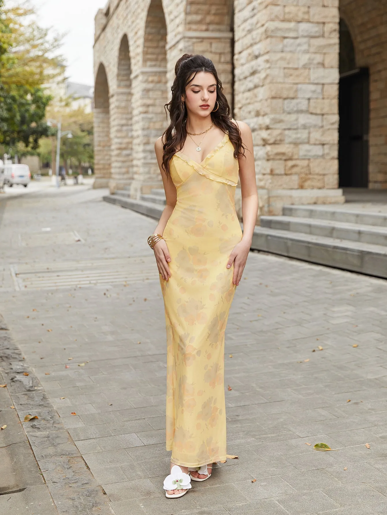 Ruffle Trim V-Neck Mesh Floral Print Cami Dress sold by Parthea Fashion product image thumbnail 3