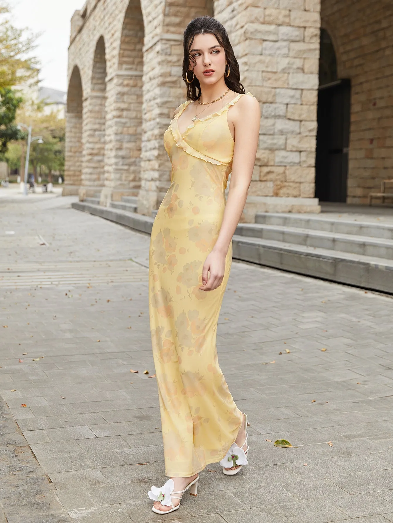 Ruffle Trim V-Neck Mesh Floral Print Cami Dress sold by Parthea Fashion product image thumbnail 4