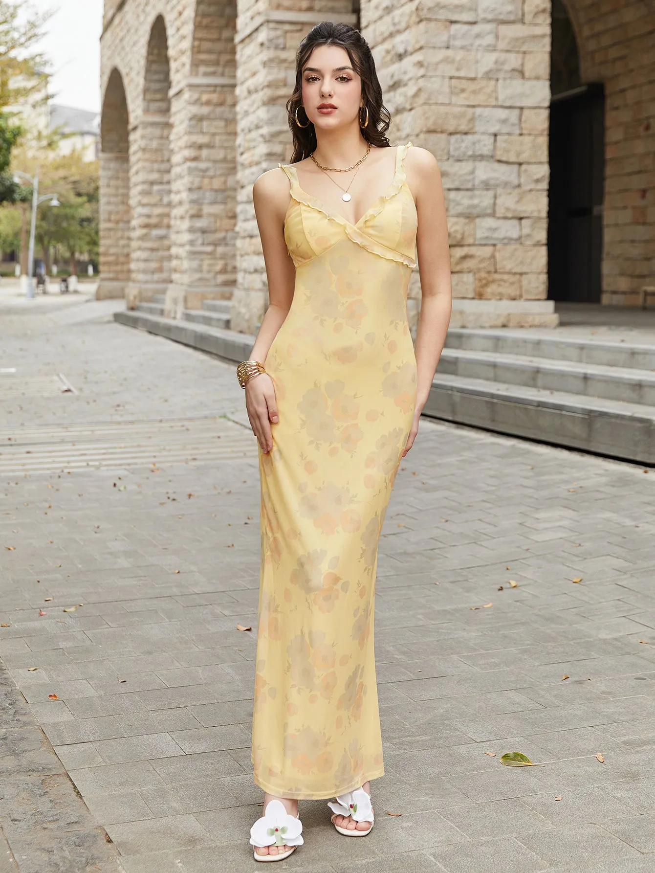 Ruffle Trim V-Neck Mesh Floral Print Cami Dress sold by Parthea Fashion