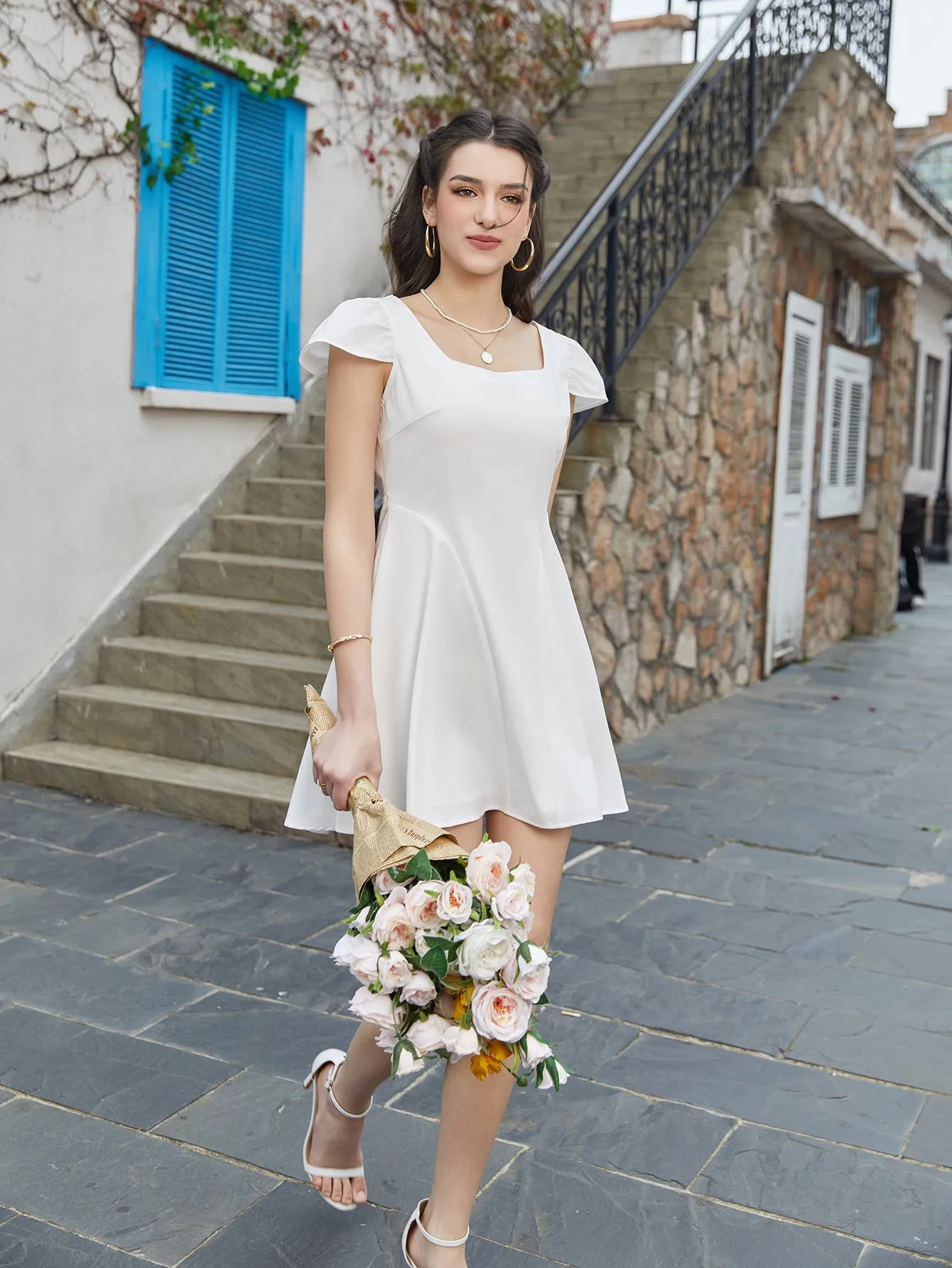 Fly Sleeve V-Neck Back Tie Solid Dress sold by Parthea Fashion product image thumbnail 4