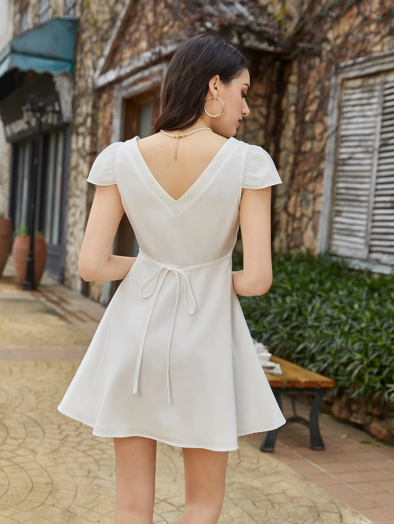 Fly Sleeve V-Neck Back Tie Solid Dress sold by Parthea Fashion product image thumbnail 2