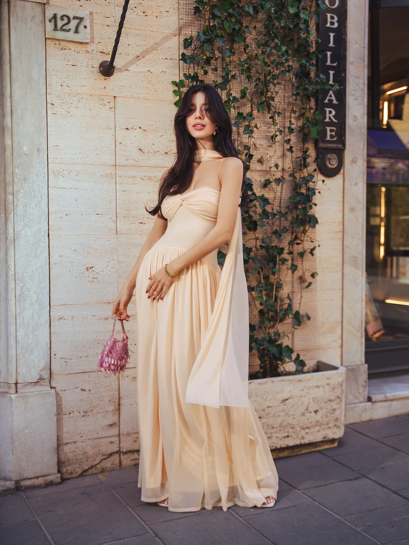 Hanging Neck Ribbon Ruched Bust Mesh Tube Long Dress sold by Parthea Fashion product image thumbnail 3