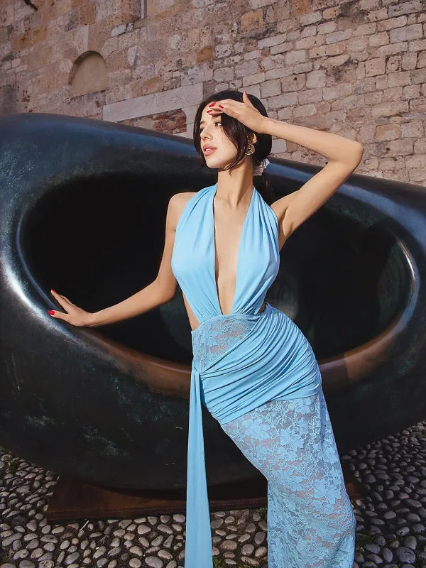 Halter Deep V-Neck See Through Ribbon Trim Long Dress sold by Parthea Fashion