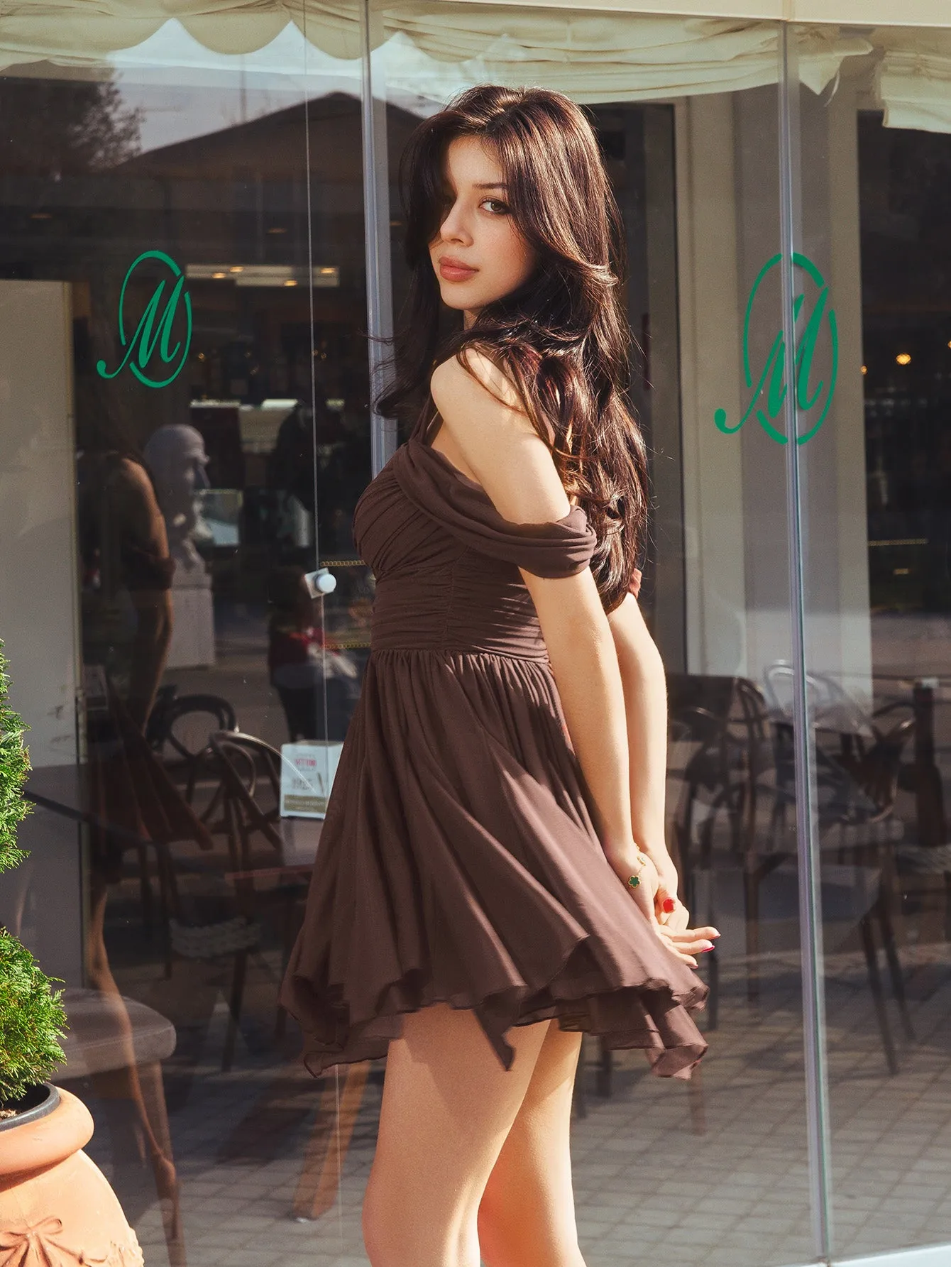 Draped Sleeve Ruched Asymmetrical Hem Mini Dress sold by Parthea Fashion product image thumbnail 4