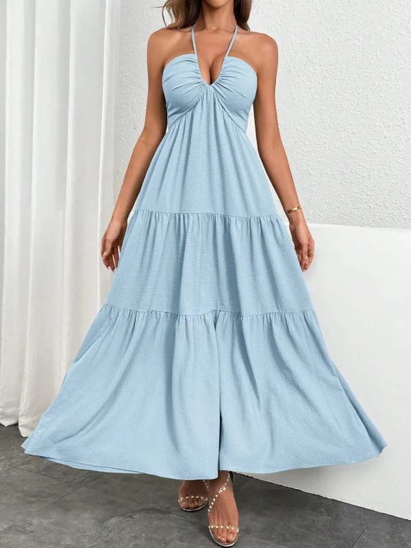 Halter Bow Tie Back Ruched Bust Maxi Dress sold by Parthea Fashion