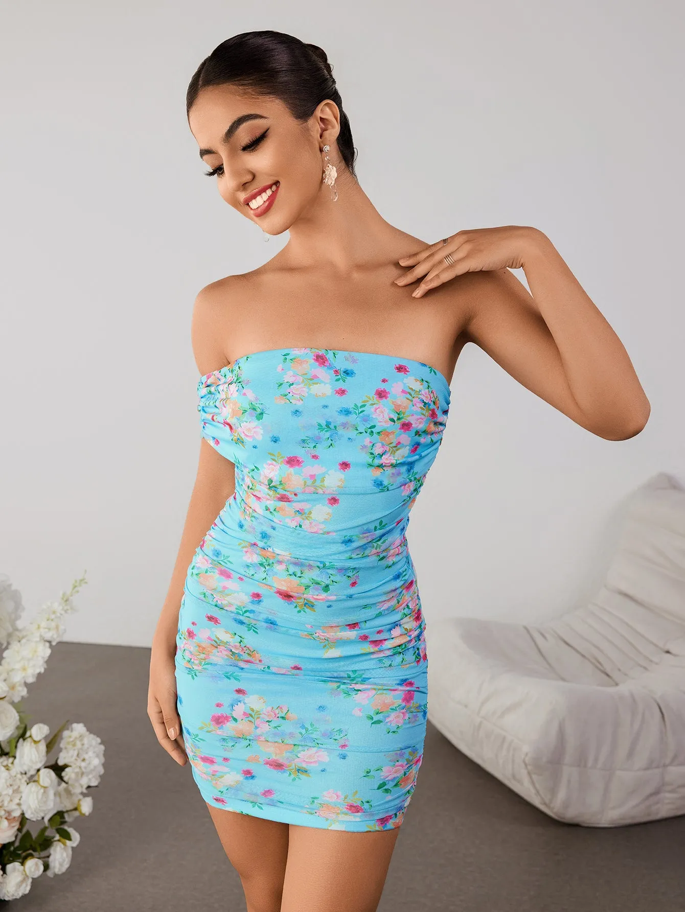 Ruched Off Shoulder Floral Print Mesh Tube Dress sold by Parthea Fashion product image thumbnail 4