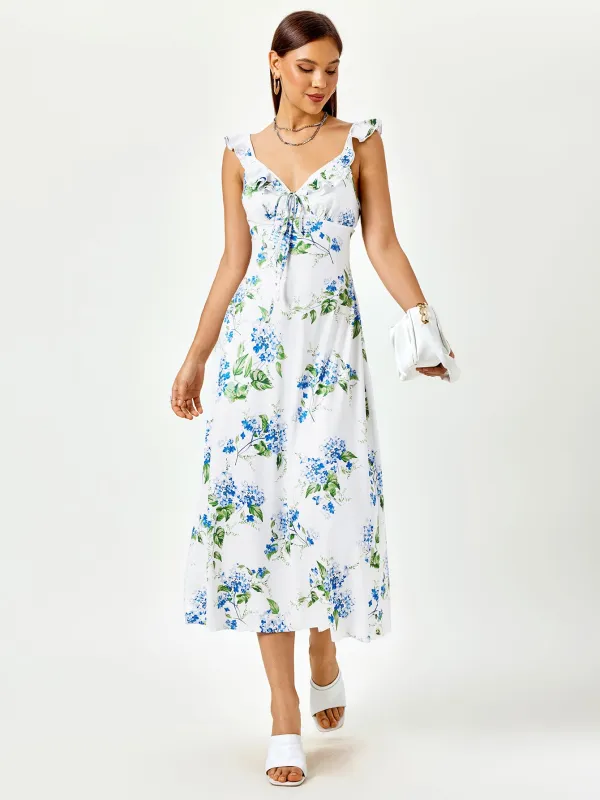 Fly Sleeve V-Neck Crisscross Tie Back Floral Print Dress sold by Parthea Fashion