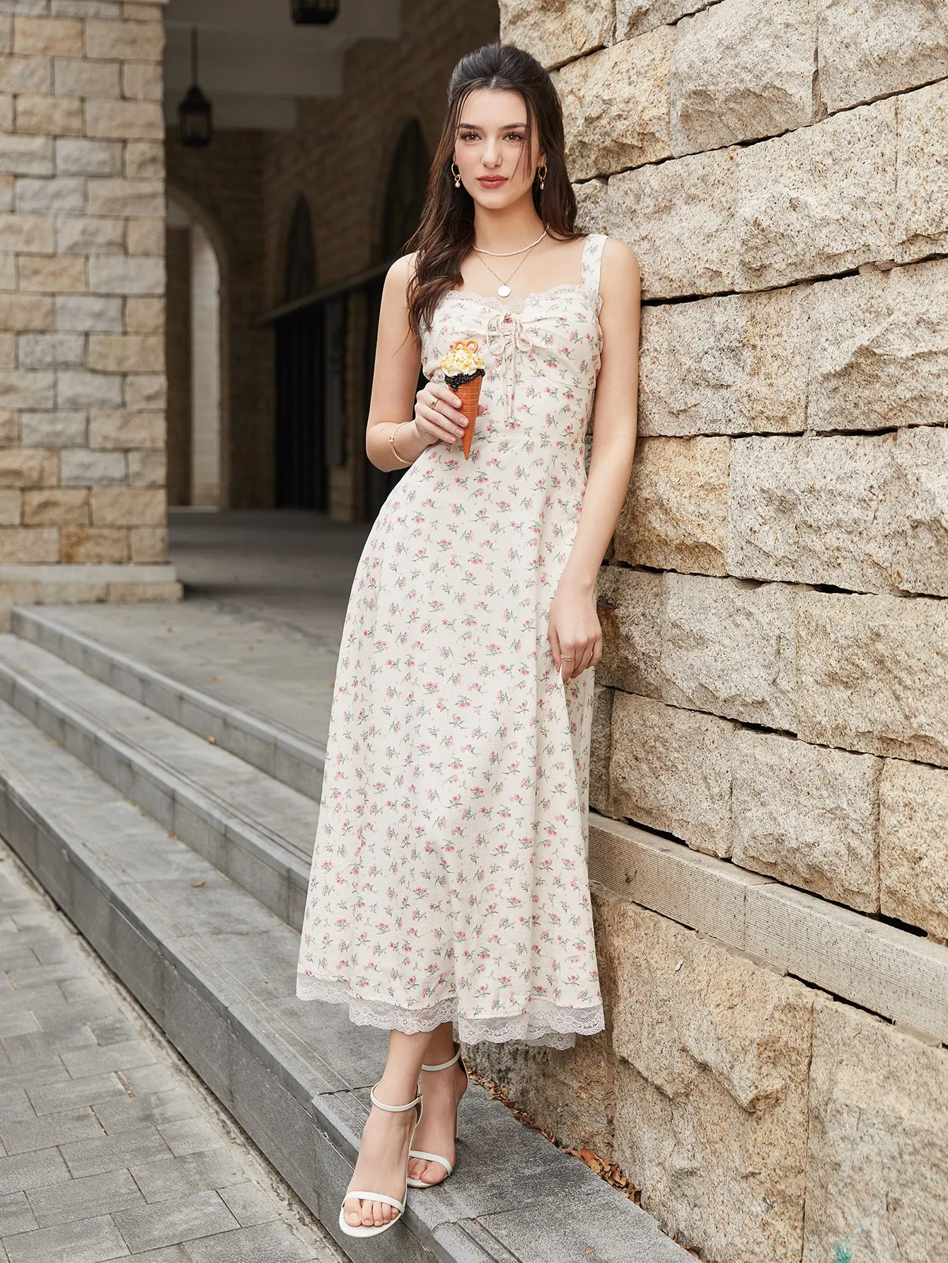 Lace Spliced Tie Front Floral Print Maxi Dress sold by Parthea Fashion product image thumbnail 5