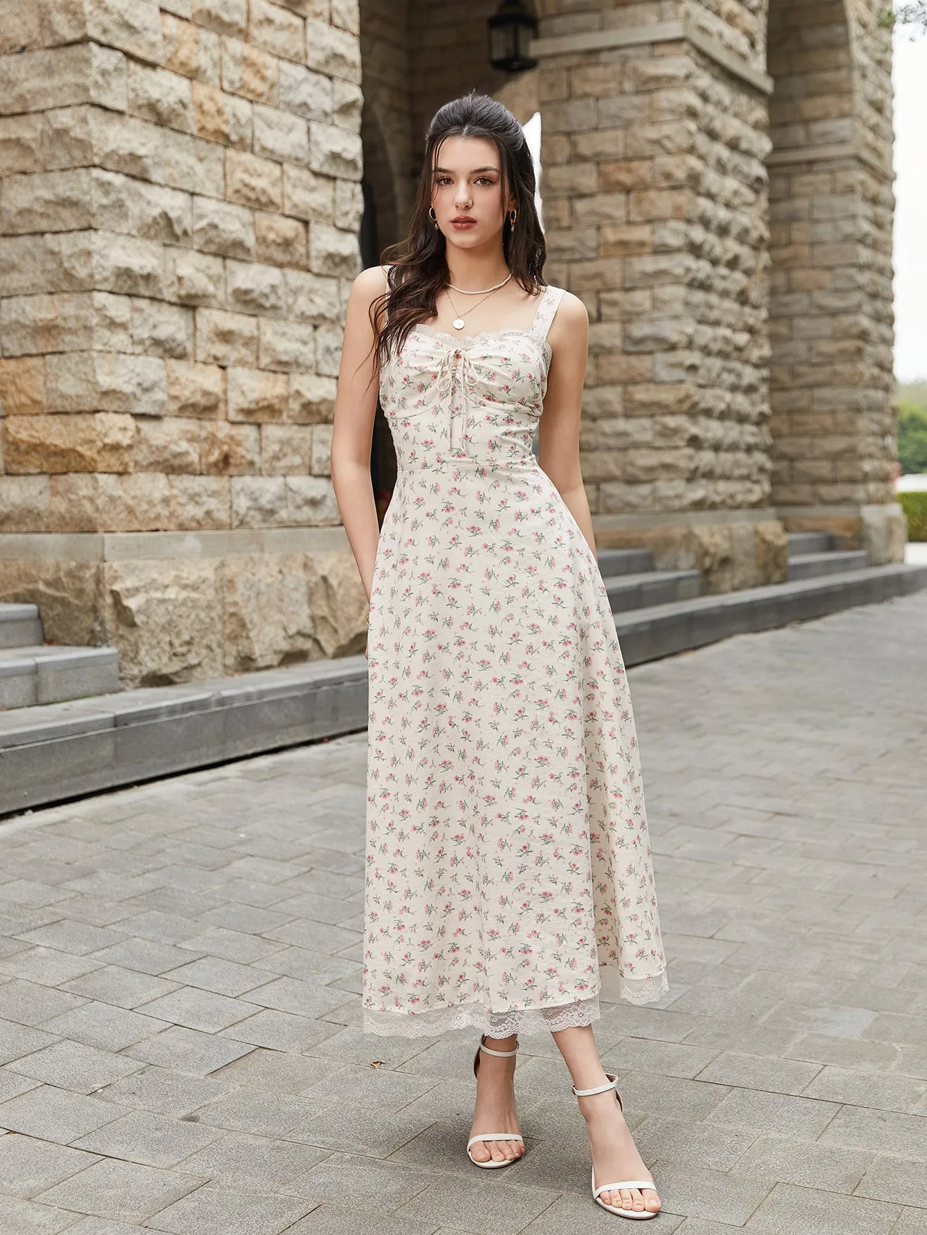 Lace Spliced Tie Front Floral Print Maxi Dress sold by Parthea Fashion product image thumbnail 4