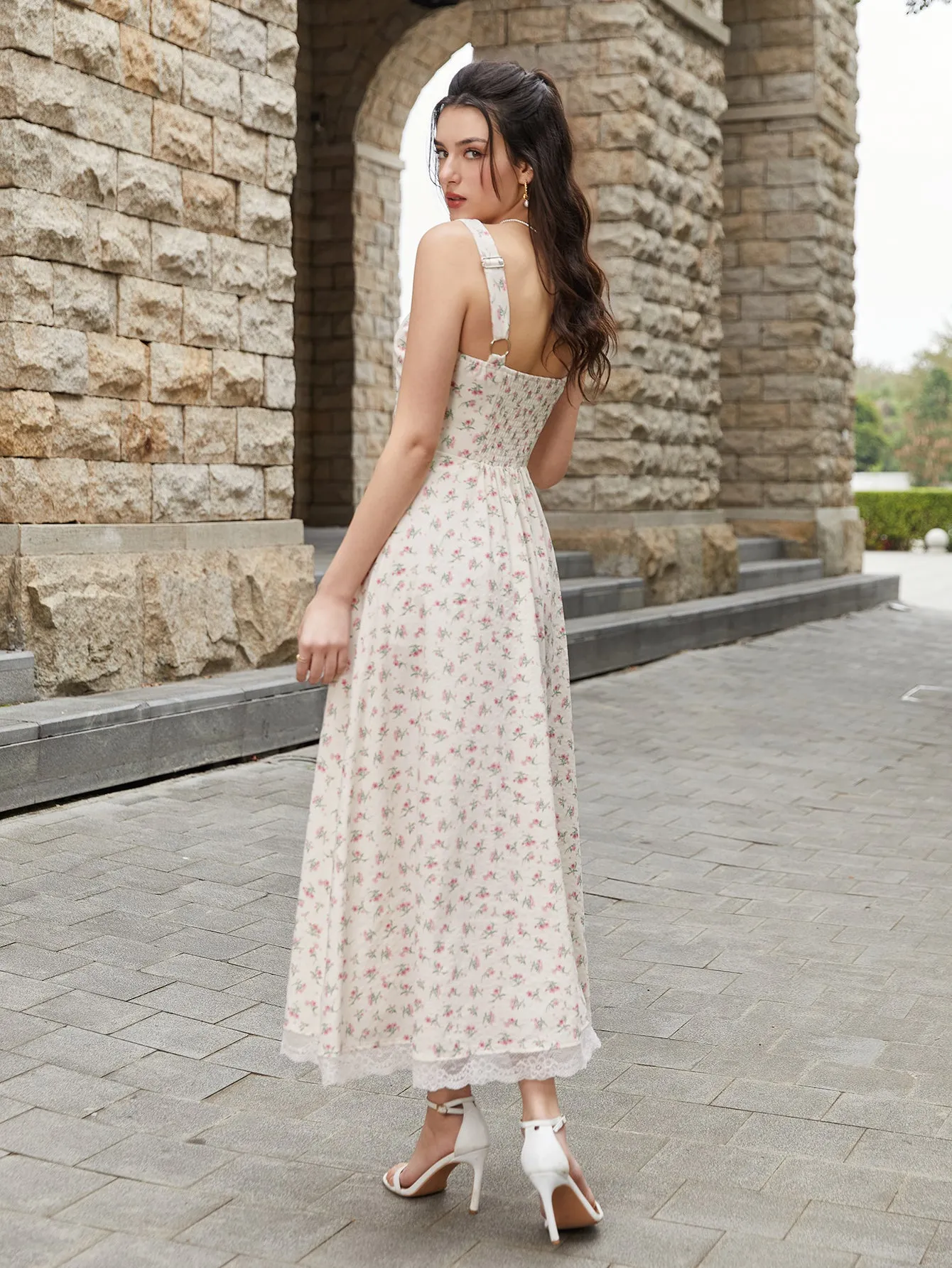 Lace Spliced Tie Front Floral Print Maxi Dress sold by Parthea Fashion product image thumbnail 2