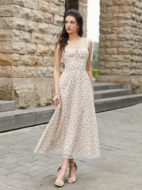 Lace Spliced Tie Front Floral Print Maxi Dress sold by Parthea Fashion