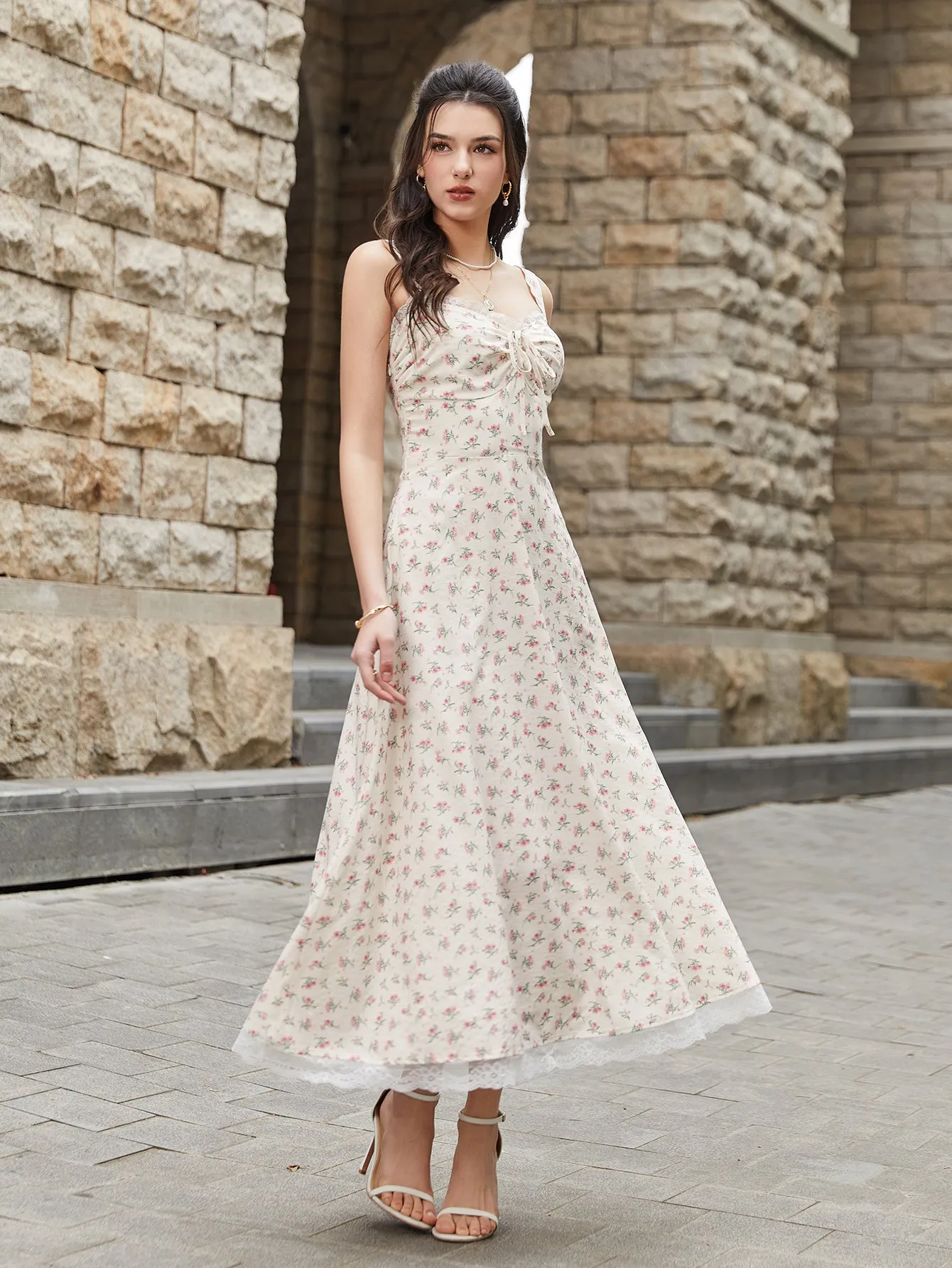 Lace Spliced Tie Front Floral Print Maxi Dress sold by Parthea Fashion product image thumbnail 3