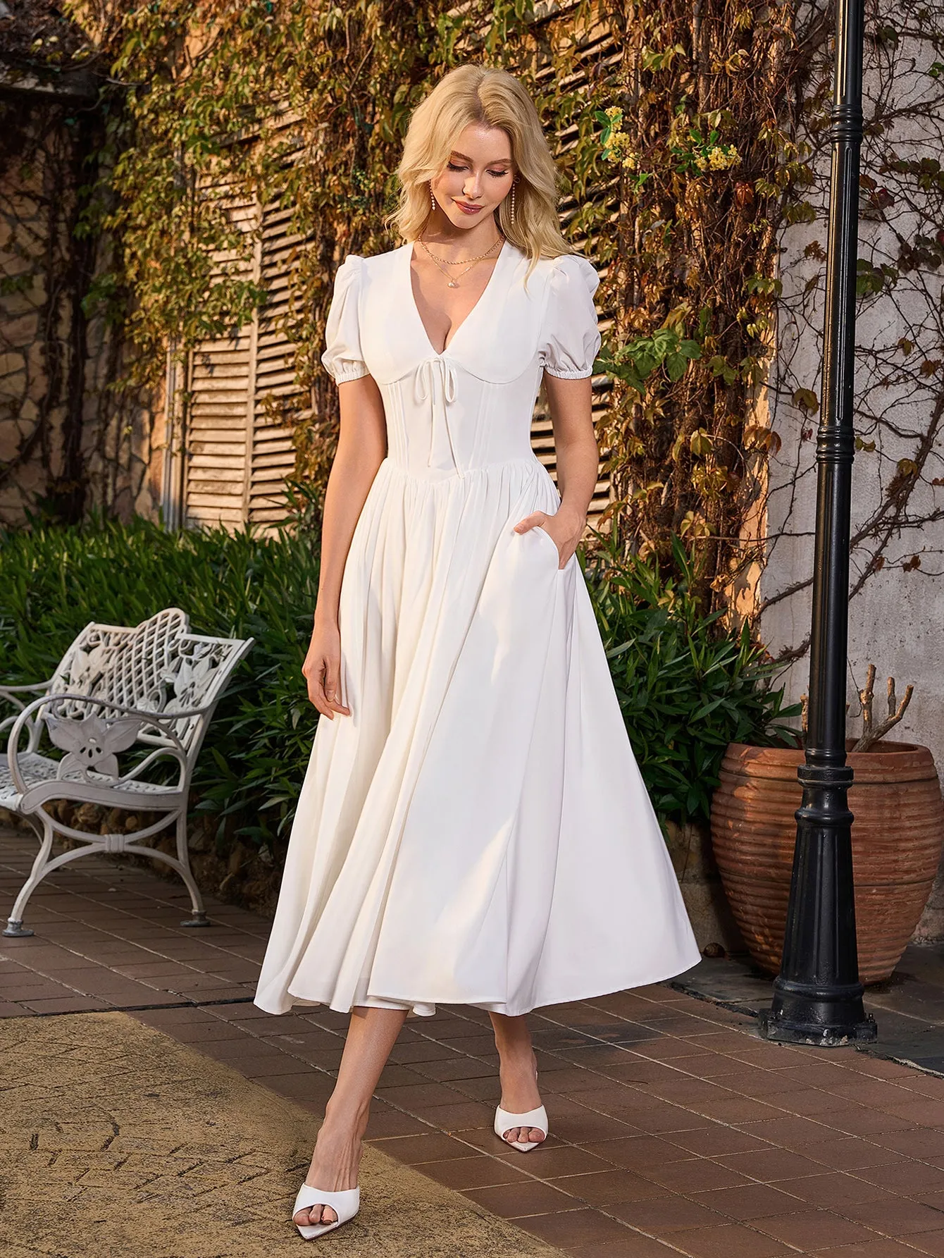 Puff Sleeve V-Neck Pleat Pocket Solid Long Dress sold by Parthea Fashion product image thumbnail 5