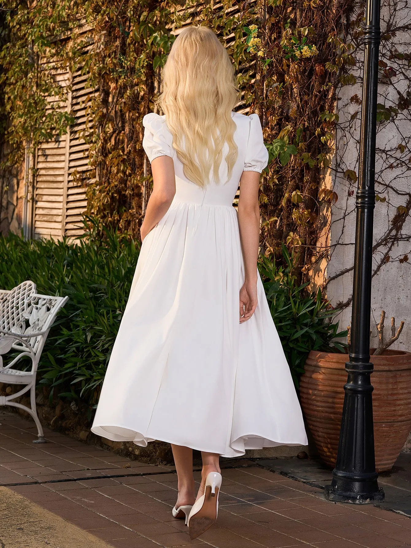 Puff Sleeve V-Neck Pleat Pocket Solid Long Dress sold by Parthea Fashion product image thumbnail 2