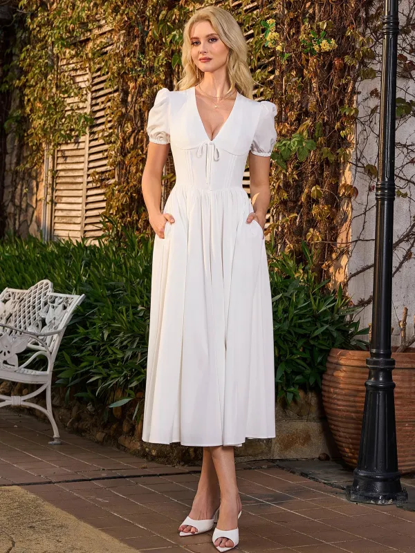 Puff Sleeve V-Neck Pleat Pocket Solid Long Dress made by Parthea Fashion