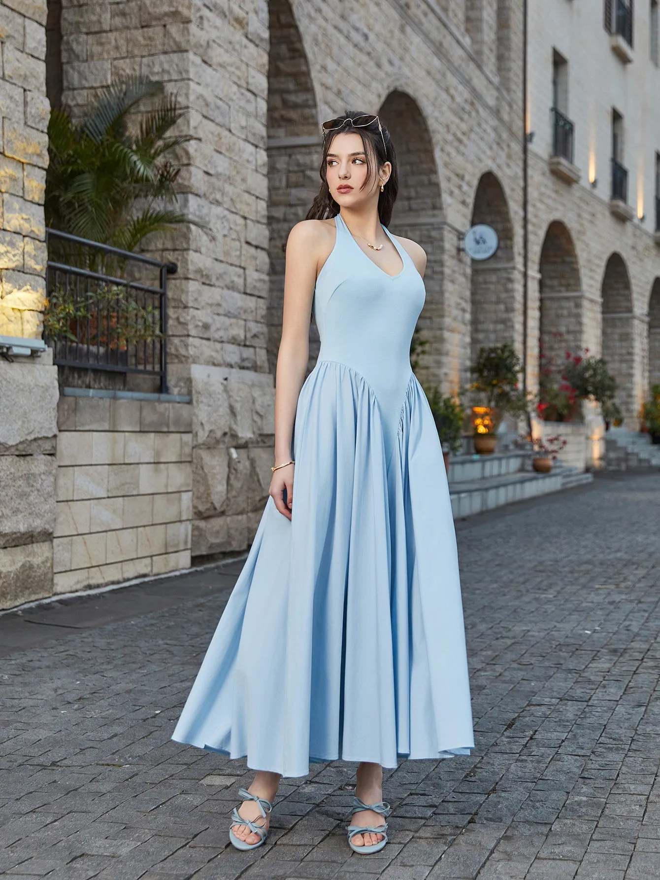 Halter Deep V-Neck Ruched Waist Solid Dress sold by Parthea Fashion product image thumbnail 4