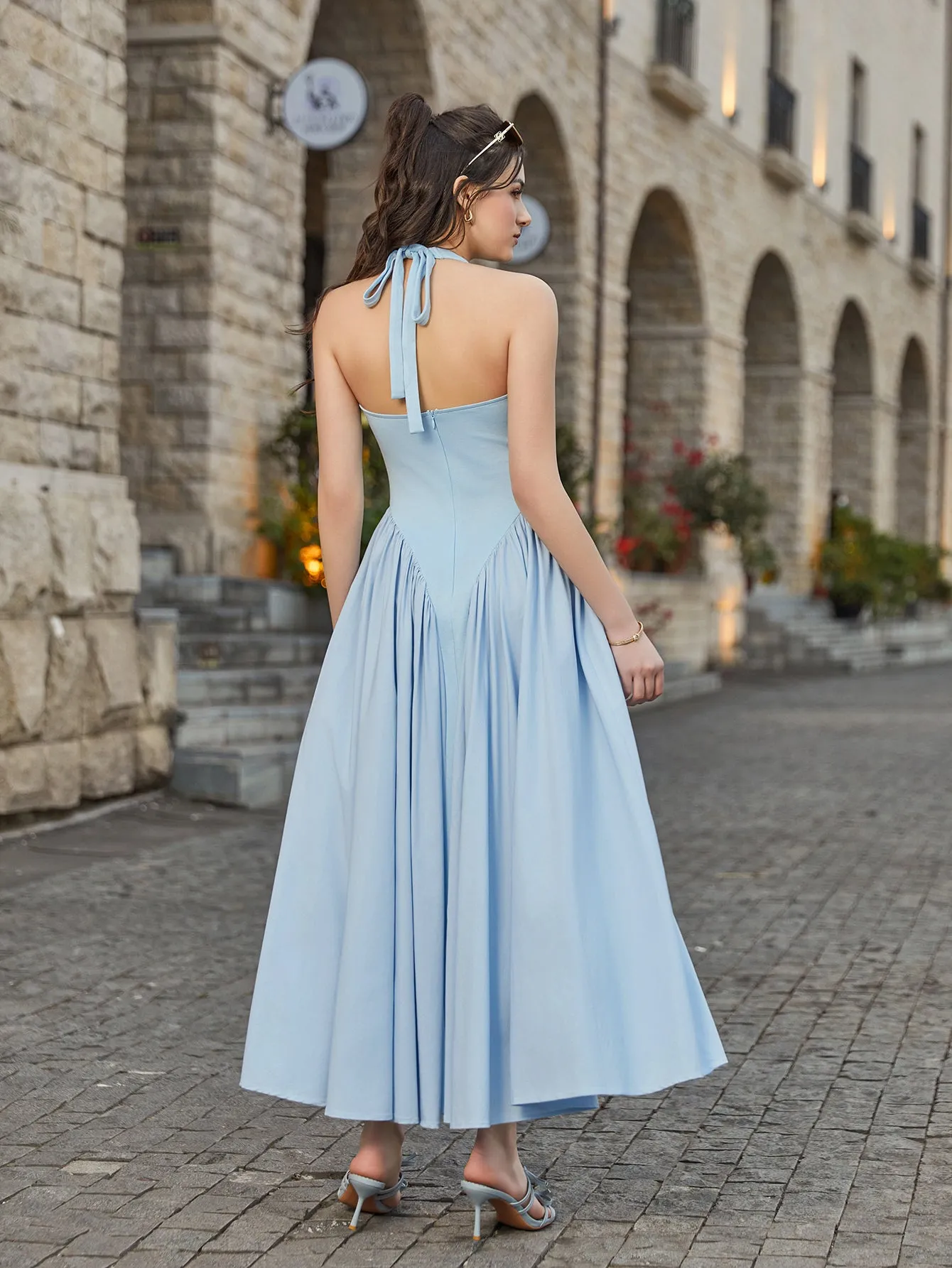 Halter Deep V-Neck Ruched Waist Solid Dress sold by Parthea Fashion product image thumbnail 2