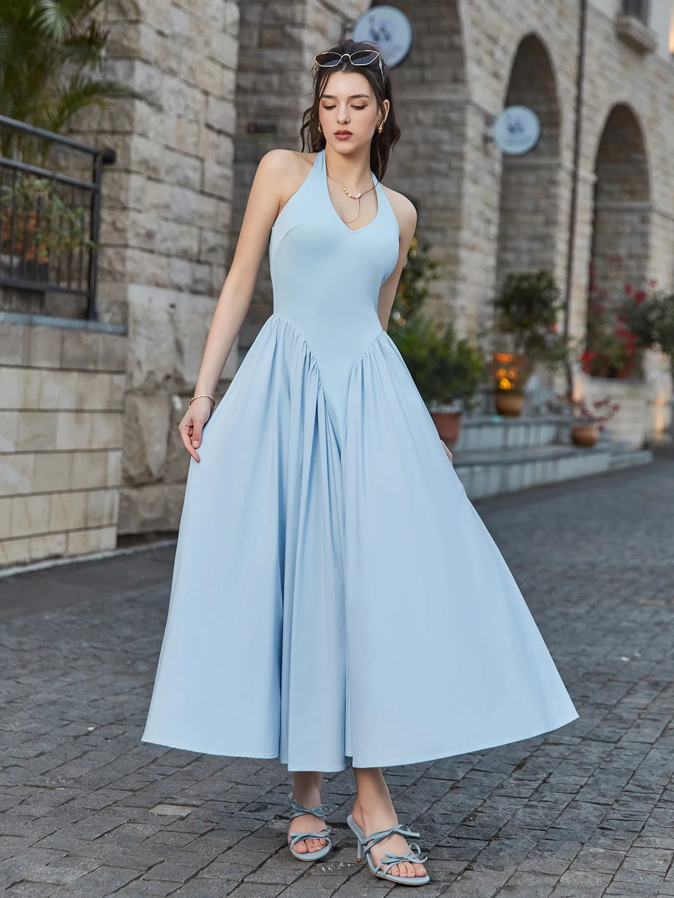 Halter Deep V-Neck Ruched Waist Solid Dress sold by Parthea Fashion product image thumbnail 3