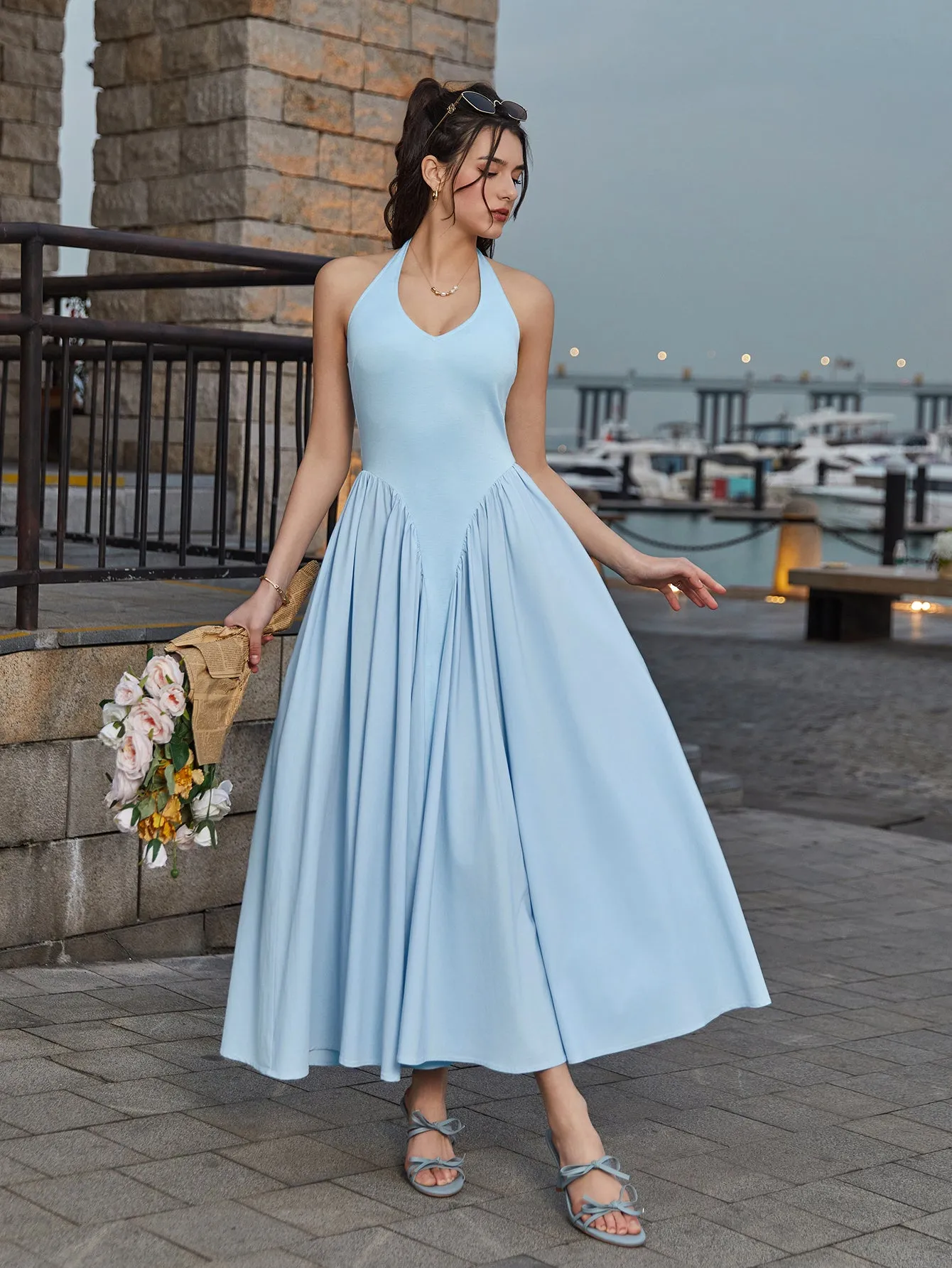 Halter Deep V-Neck Ruched Waist Solid Dress sold by Parthea Fashion product image thumbnail 5