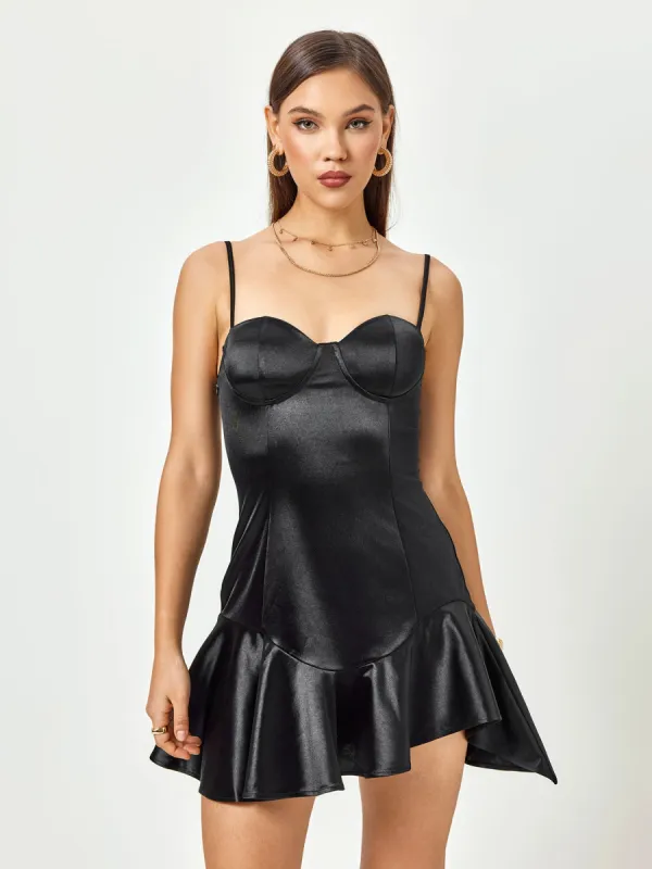 Satin Corset Zipper Asymmetrical Hem Mini Dress sold by Parthea Fashion