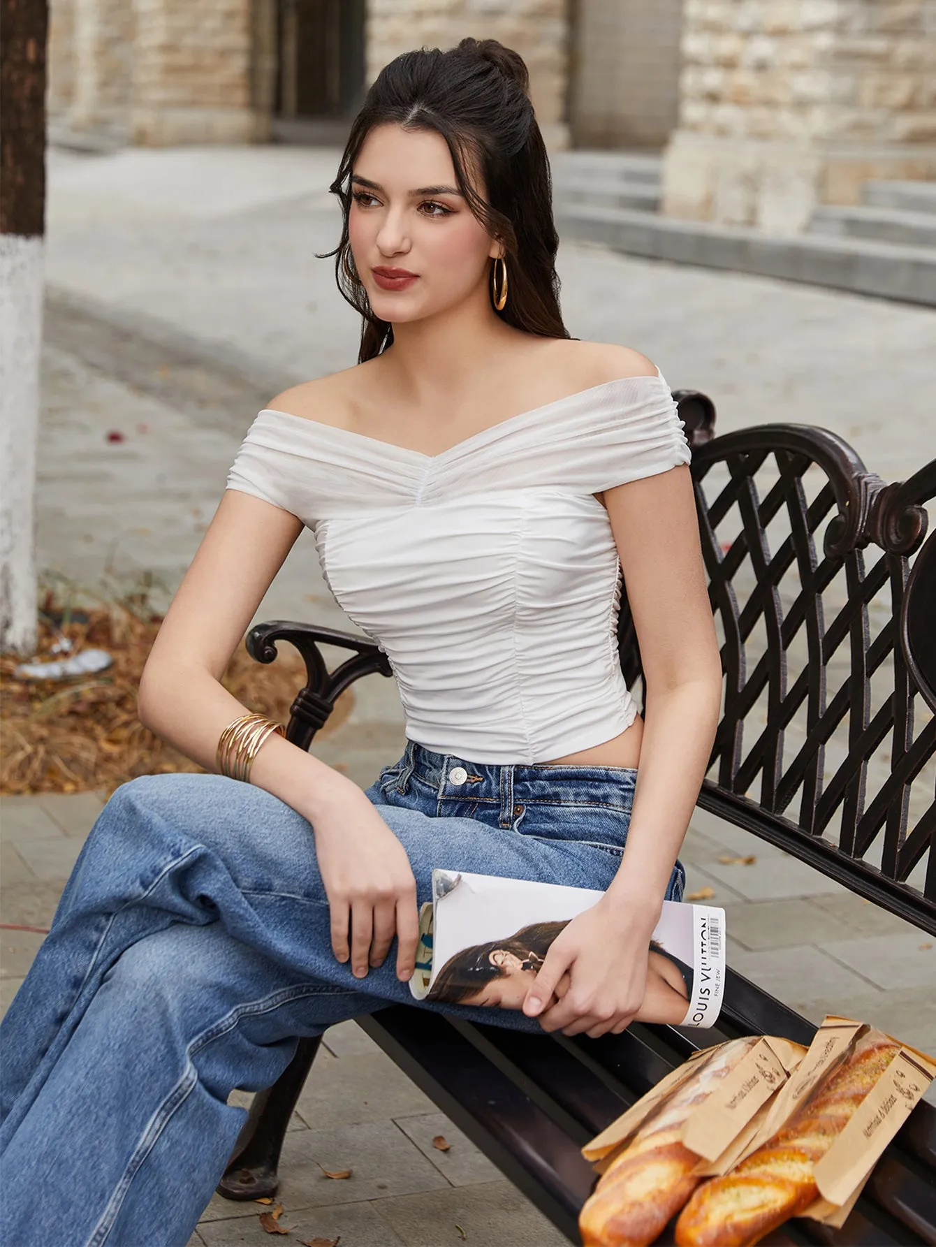 Off Shoulder Ruched Backless Crop Top sold by Parthea Fashion product image thumbnail 4