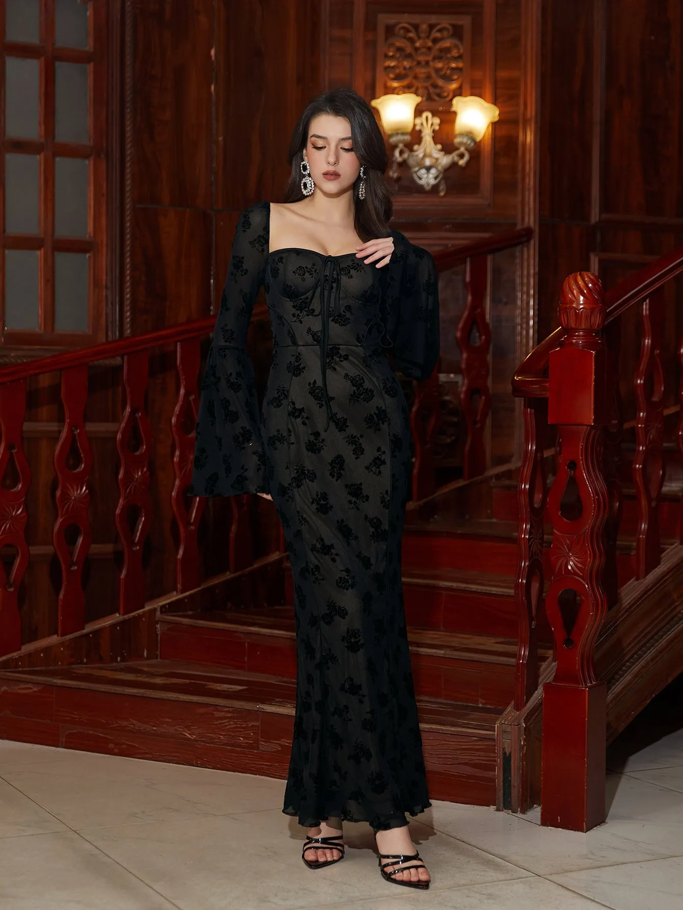 Flounce Sleeve Tie Front Flocked Mermaid Hem Dress sold by Parthea Fashion product image thumbnail 3