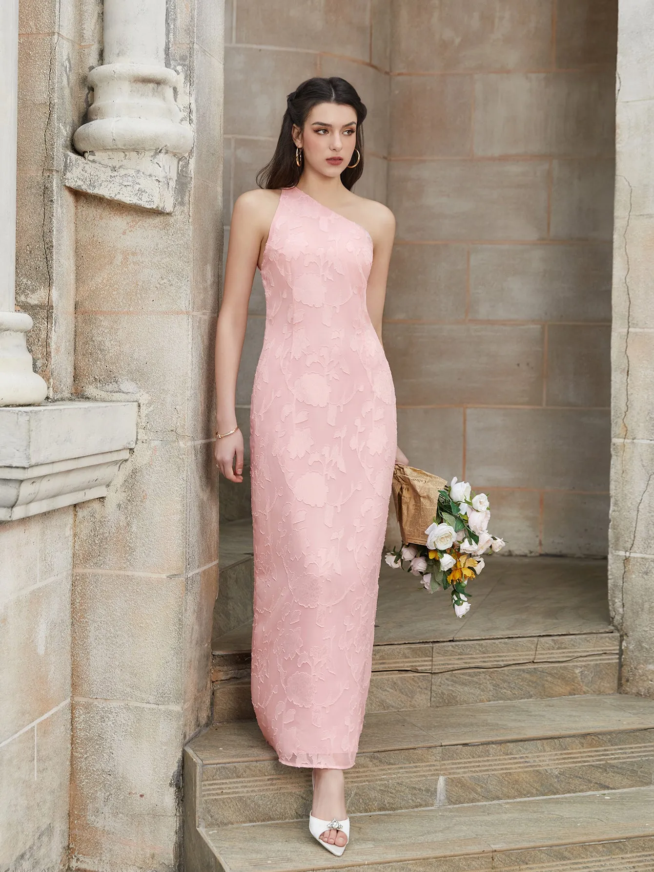 One Shoulder Tie Back Backless Jacquard Long Dress sold by Parthea Fashion