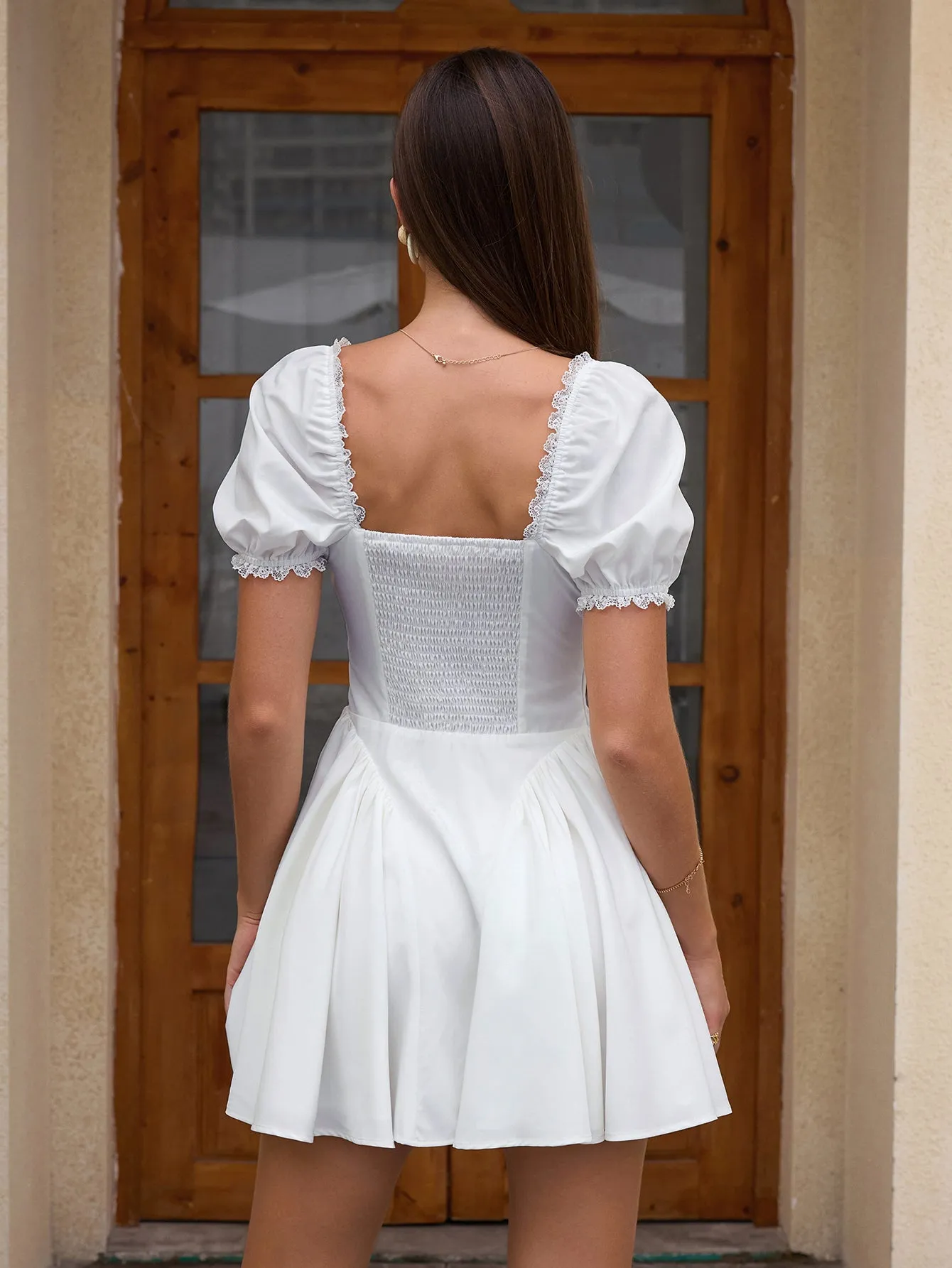 Puff Sleeve Ruched Back Flared Hem Dress sold by Parthea Fashion product image thumbnail 2