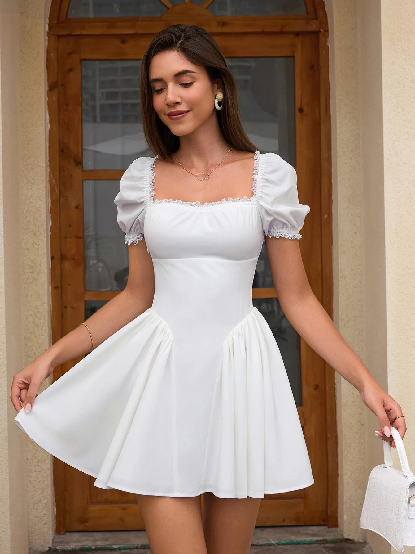 Puff Sleeve Ruched Back Flared Hem Dress sold by Parthea Fashion product image thumbnail 5