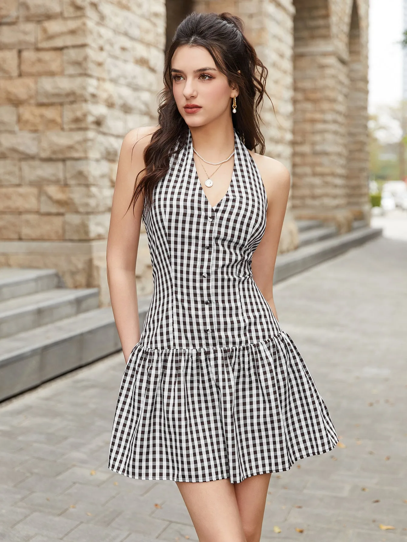 Halter V-Neck Button Flared Hem Plaid Print Dress sold by Parthea Fashion