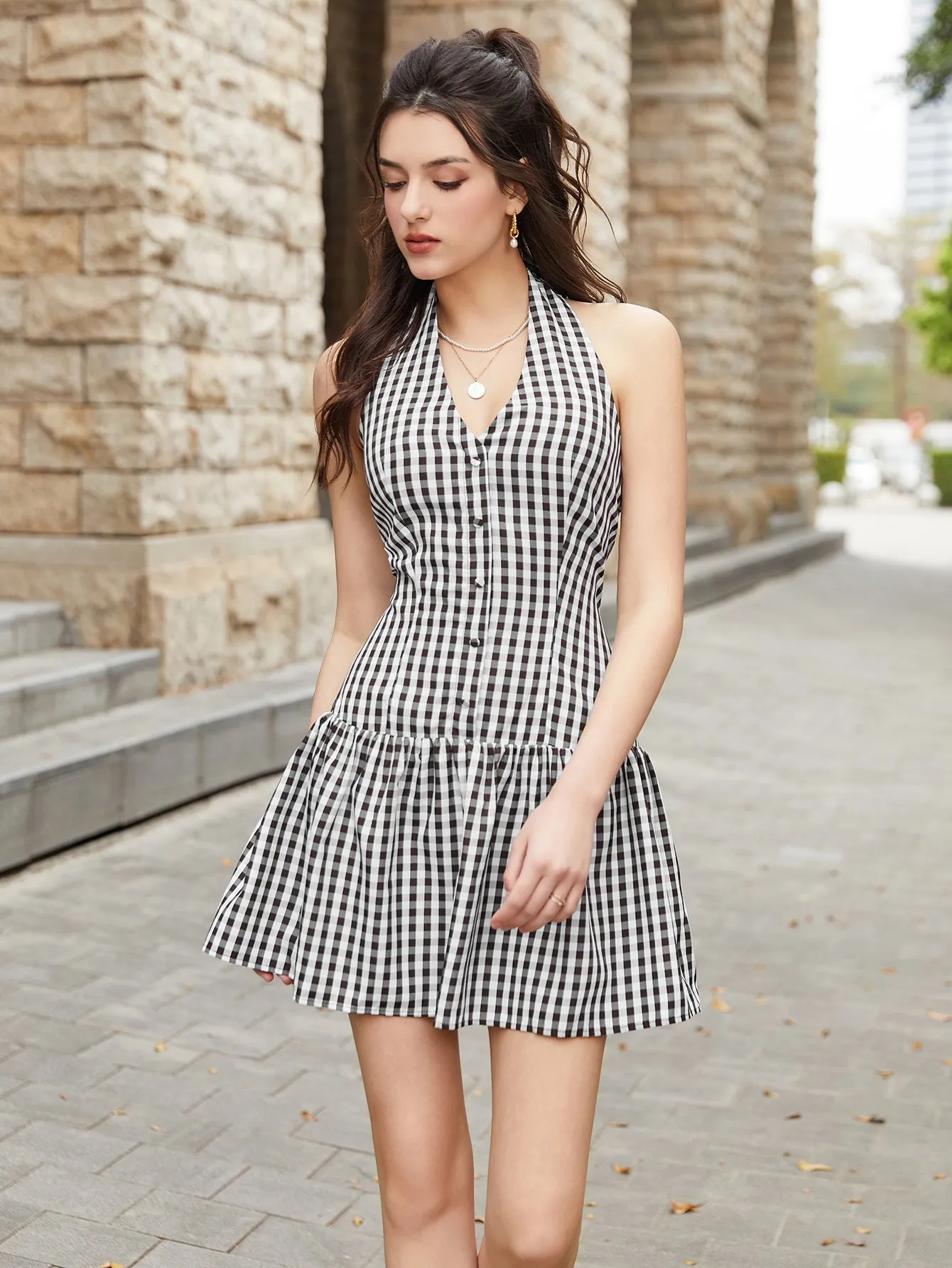 Halter V-Neck Button Flared Hem Plaid Print Dress sold by Parthea Fashion product image thumbnail 3