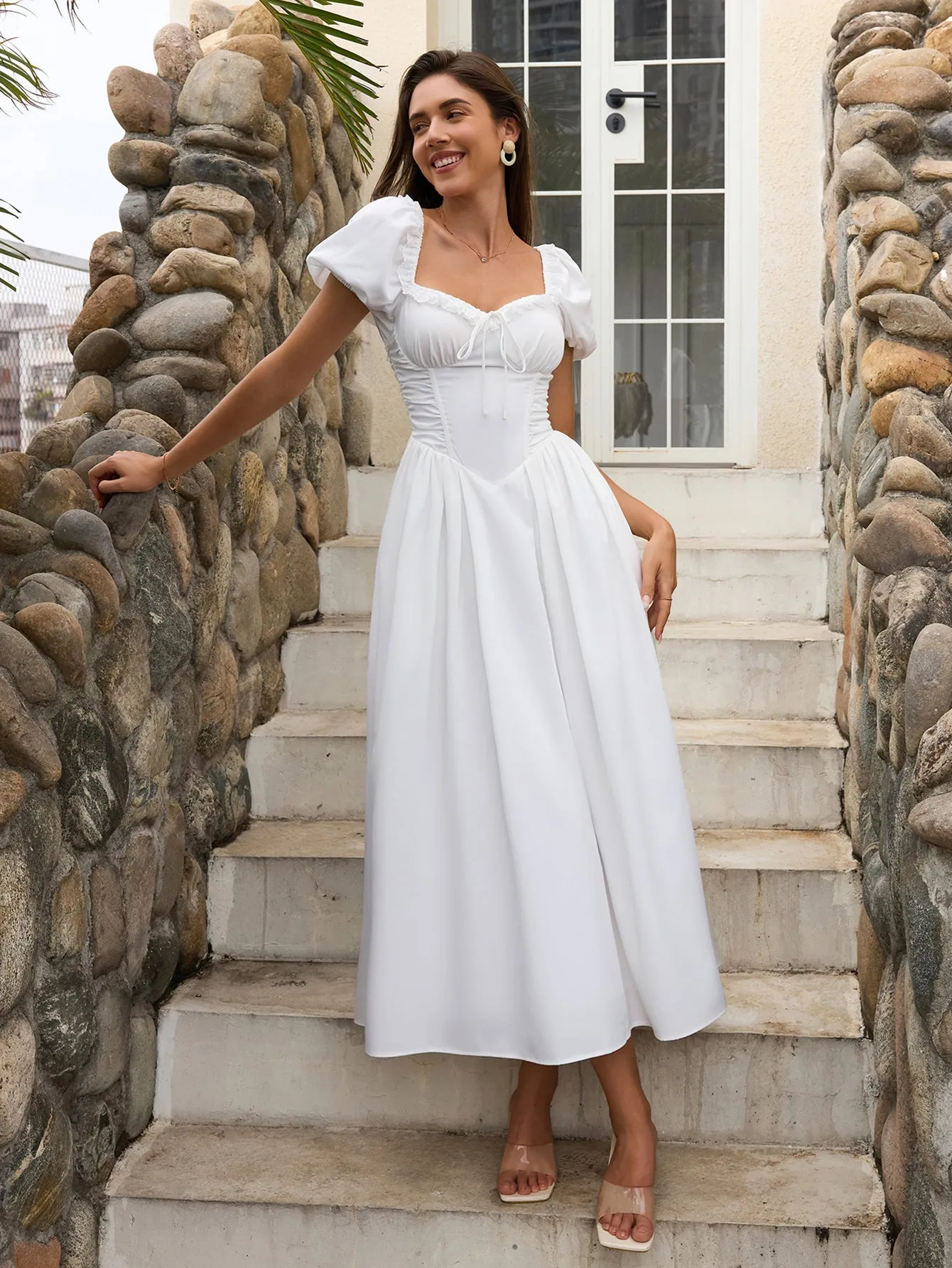 Puff Sleeve Lace Trim Ruched With Pockets Midi Dress sold by Parthea Fashion product image thumbnail 5