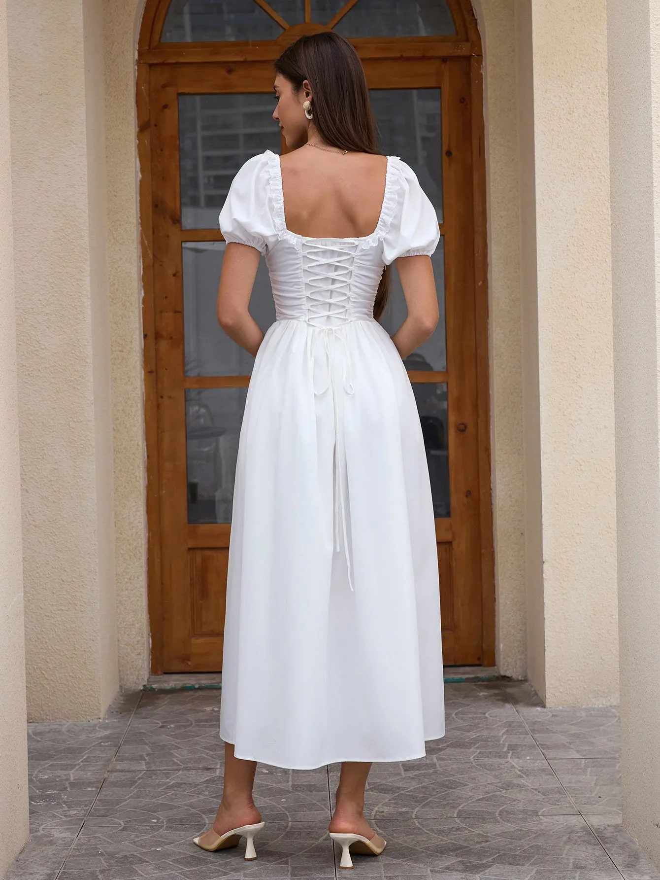 Puff Sleeve Lace Trim Ruched With Pockets Midi Dress sold by Parthea Fashion product image thumbnail 2