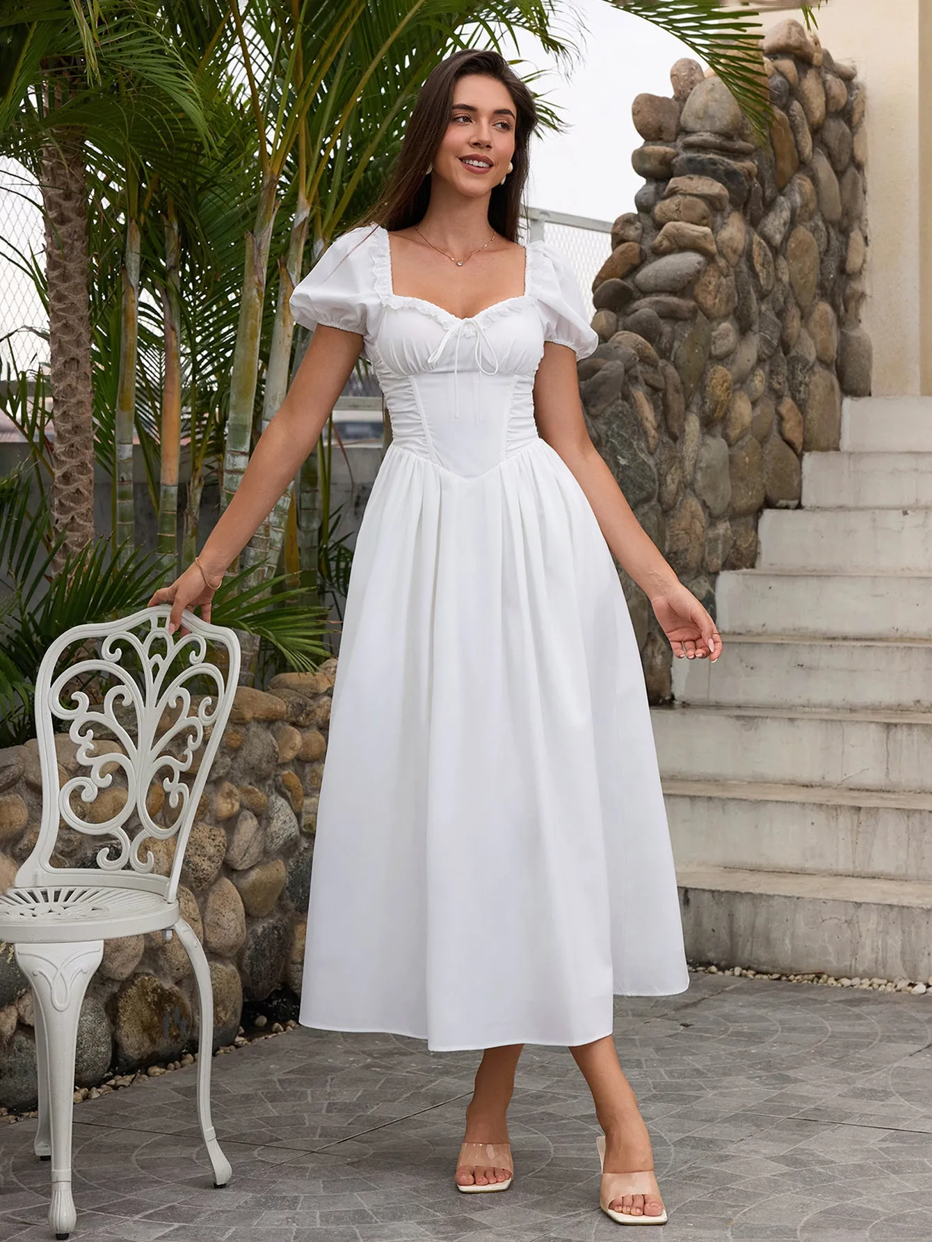 Puff Sleeve Lace Trim Ruched With Pockets Midi Dress sold by Parthea Fashion product image thumbnail 3