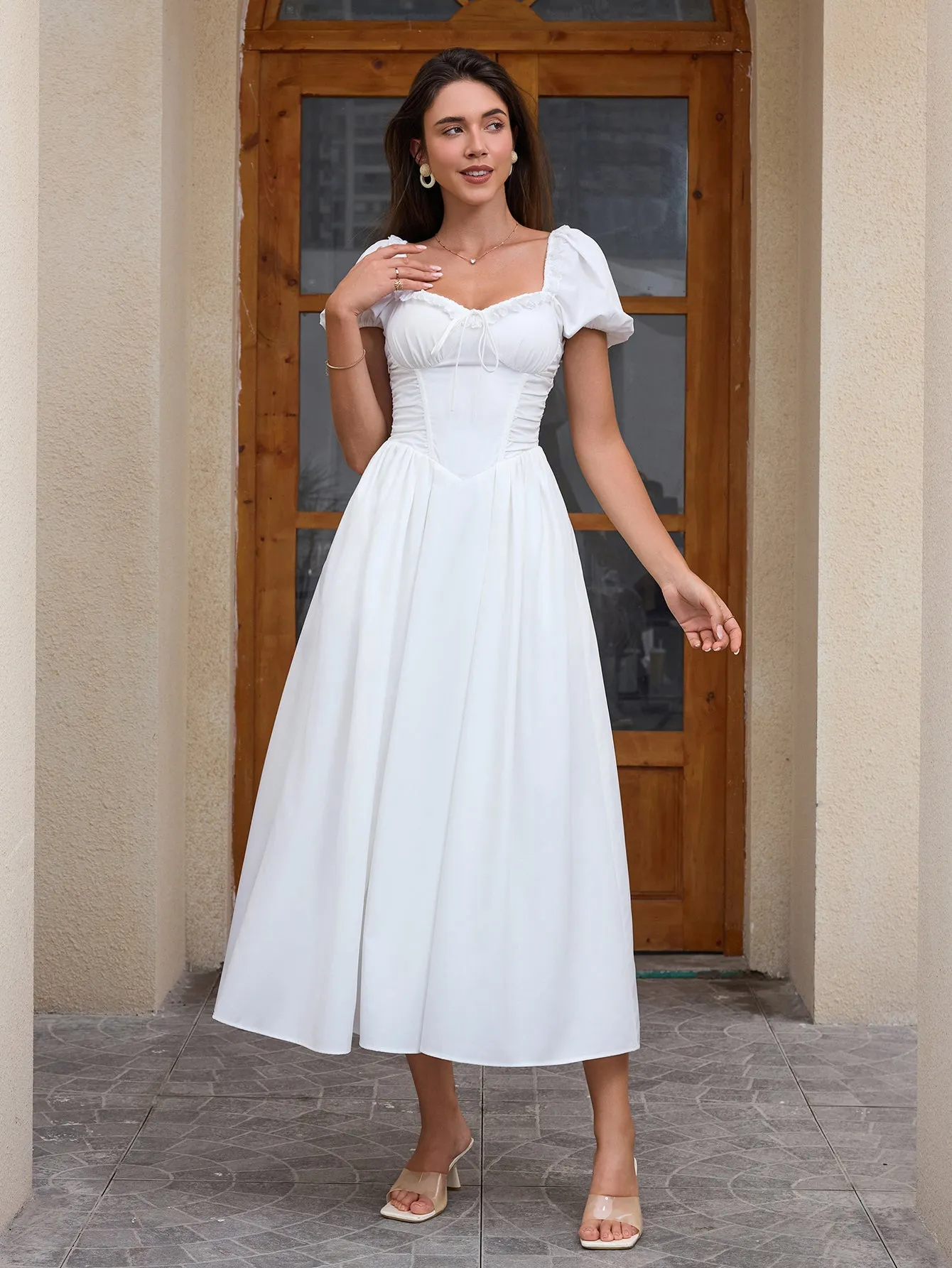 Puff Sleeve Lace Trim Ruched With Pockets Midi Dress sold by Parthea Fashion