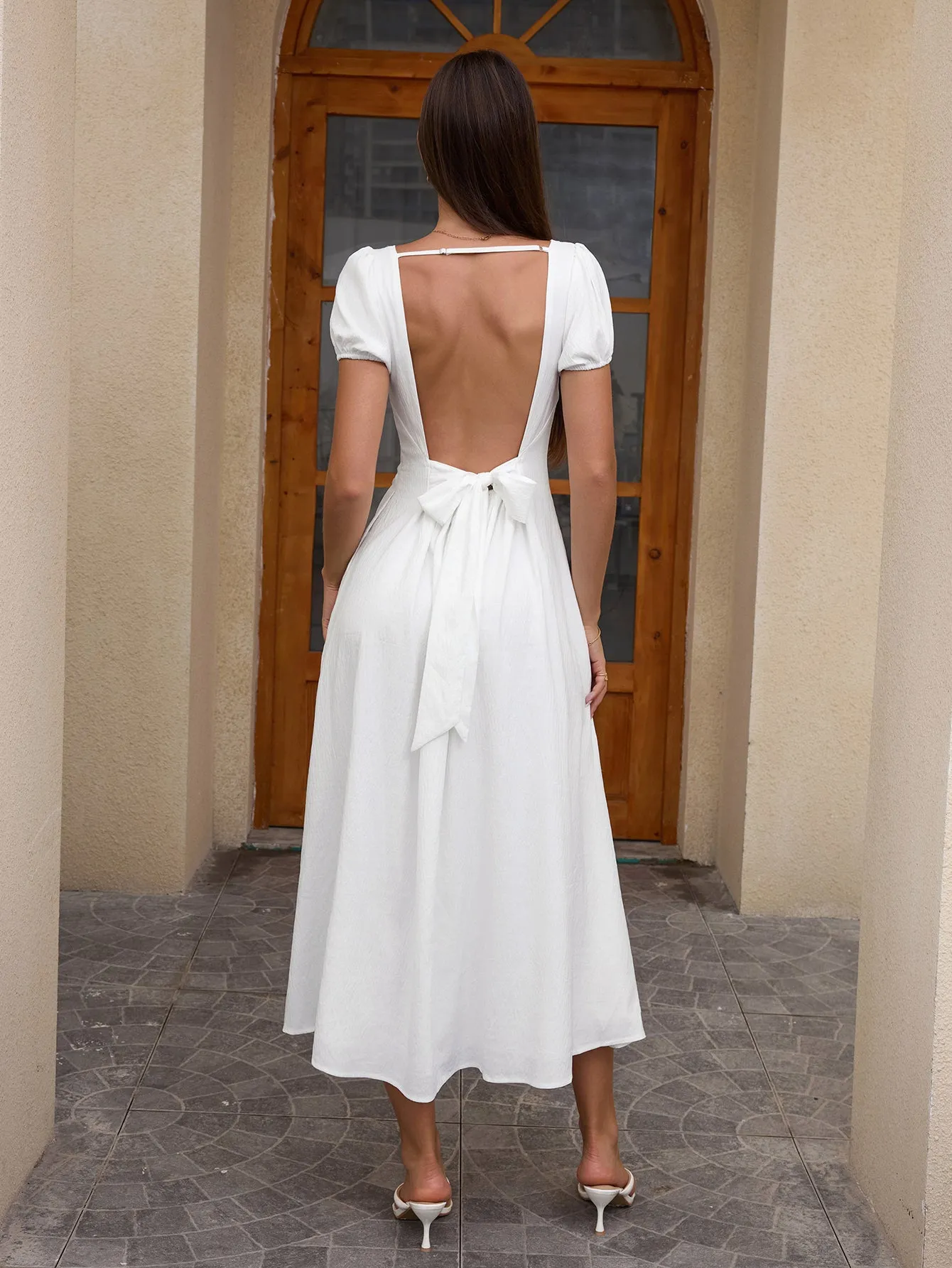 Puff Sleeve Backless Bow Tie Pocket Long Dress sold by Parthea Fashion product image thumbnail 2