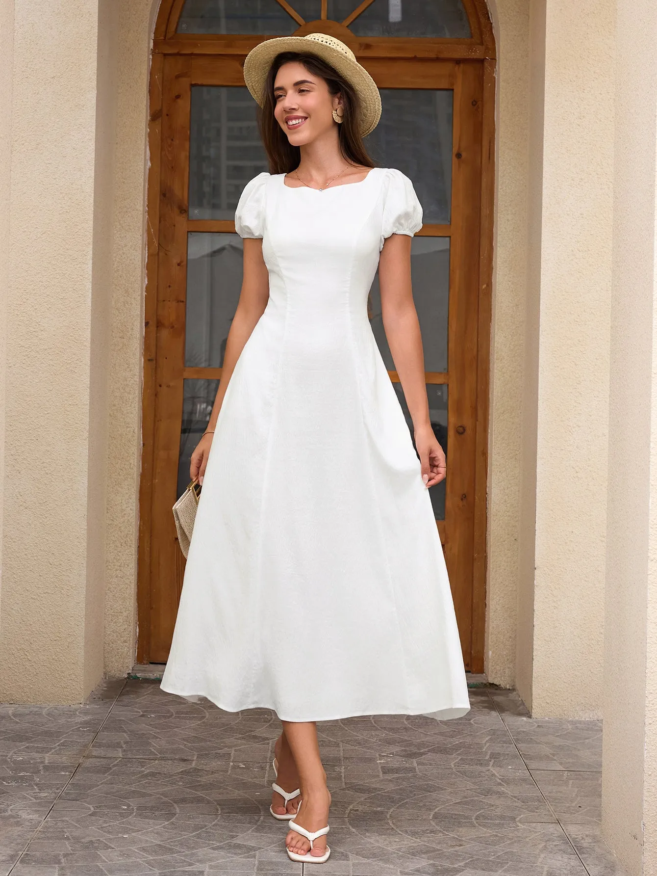 Puff Sleeve Backless Bow Tie Pocket Long Dress sold by Parthea Fashion