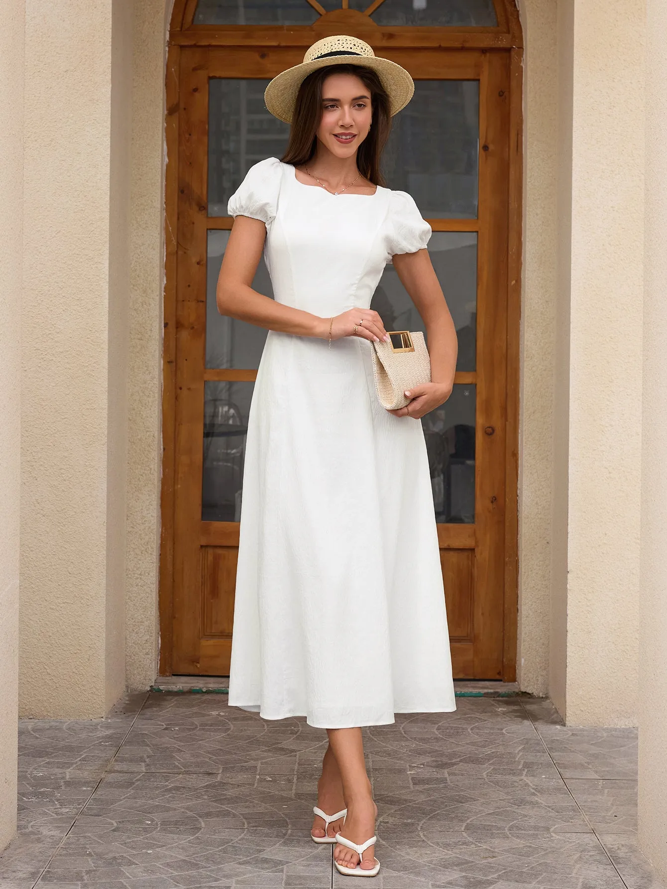 Puff Sleeve Backless Bow Tie Pocket Long Dress sold by Parthea Fashion product image thumbnail 5