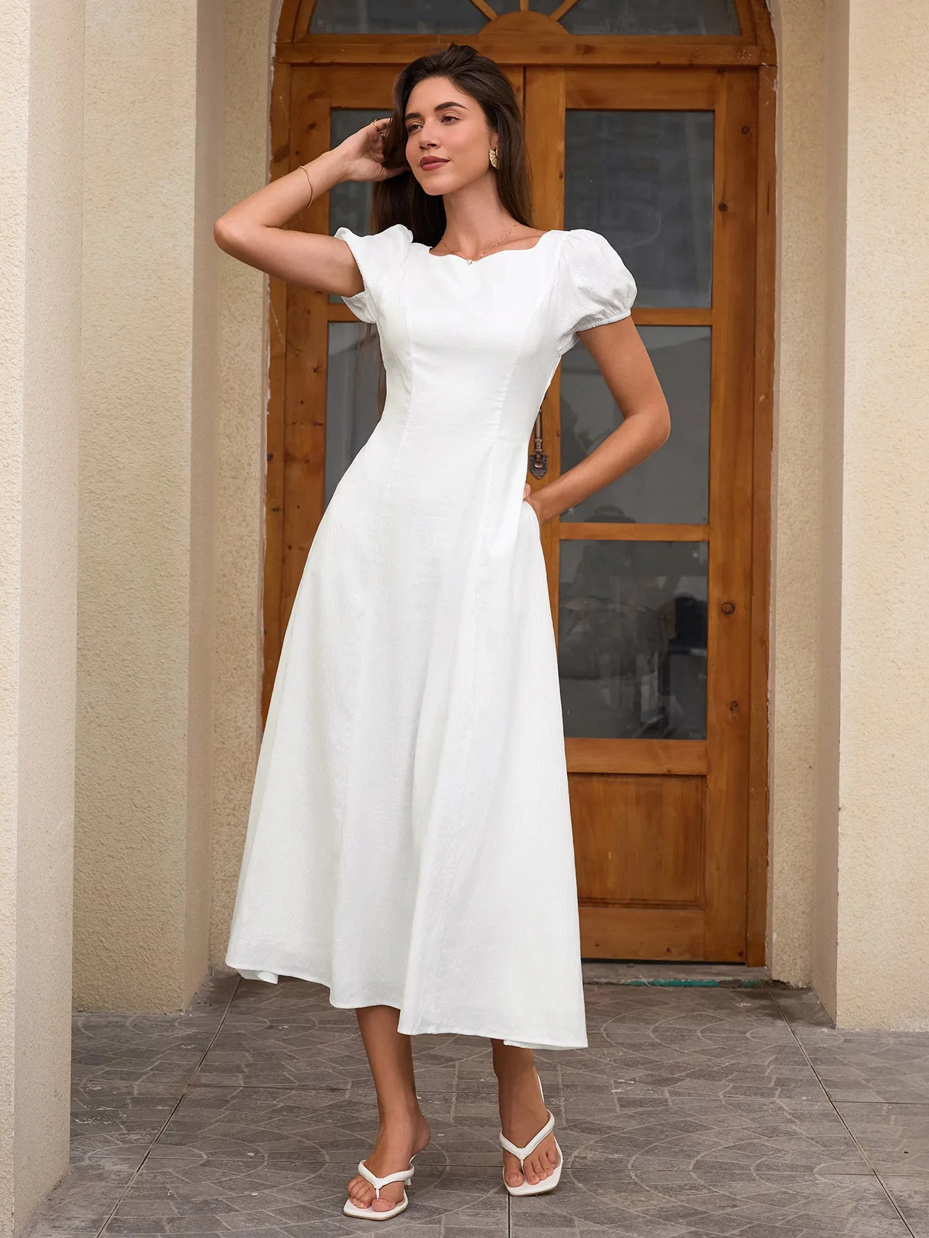 Puff Sleeve Backless Bow Tie Pocket Long Dress sold by Parthea Fashion product image thumbnail 3