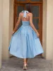 Halter Ruched Backless Flared Pocket Long Dress sold by Parthea Fashion