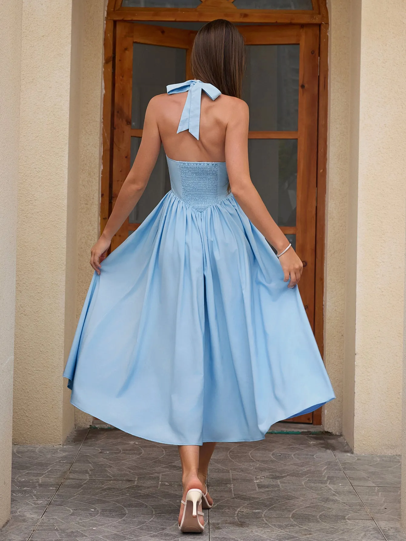 Halter Ruched Backless Flared Pocket Long Dress sold by Parthea Fashion product image thumbnail 2