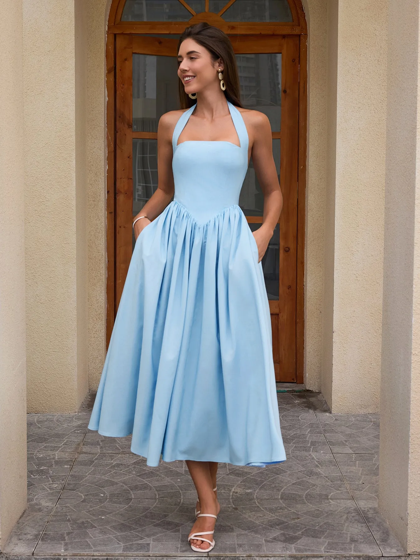 Halter Ruched Backless Flared Pocket Long Dress sold by Parthea Fashion