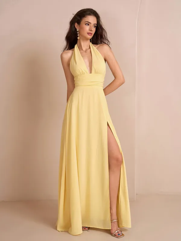 Deep V-Neck Halter Bow Tie Back Split Thigh Long Dress sold by Parthea Fashion