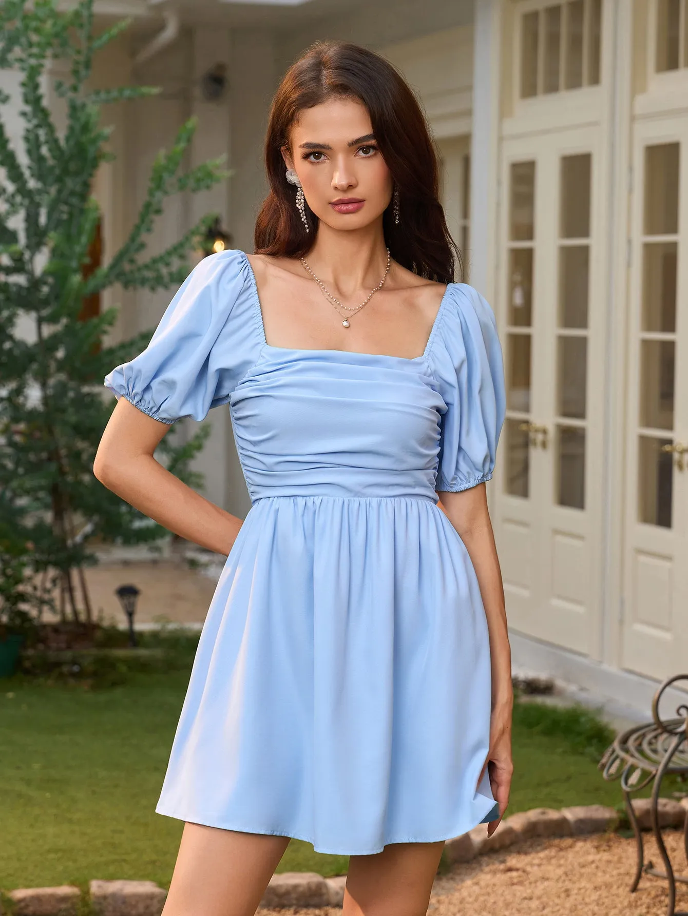 Lantern Sleeve Ruched Bust Flared Hem Dress sold by Parthea Fashion