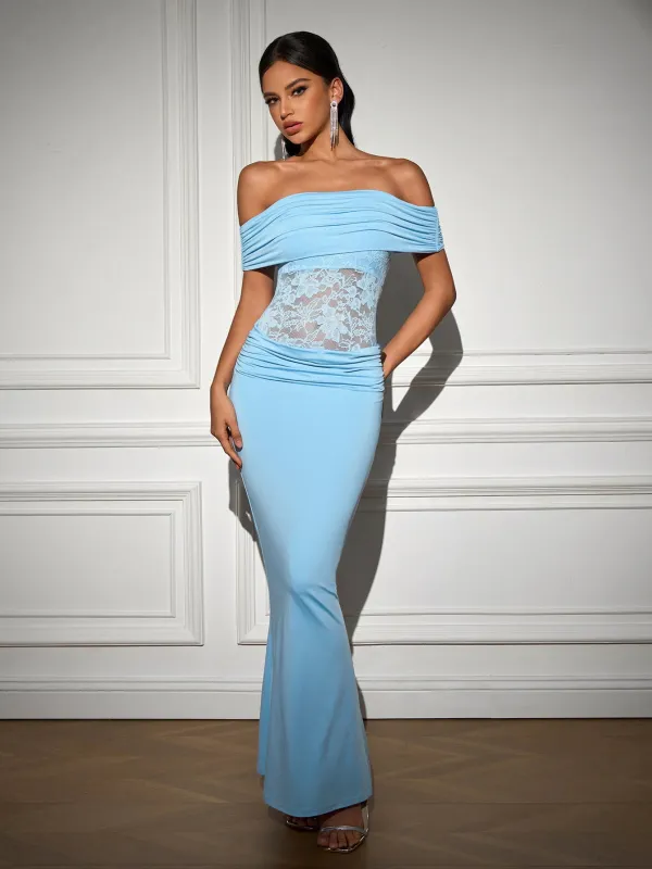 Off Shoulder Ruched Lace Patchwork Contrast Bodycon Dress sold by Parthea Fashion