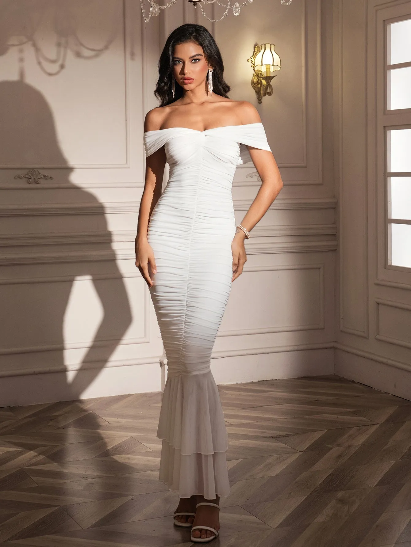 Off Shoulder Zipper Back Ruched Maxi Dress sold by Parthea Fashion product image thumbnail 5