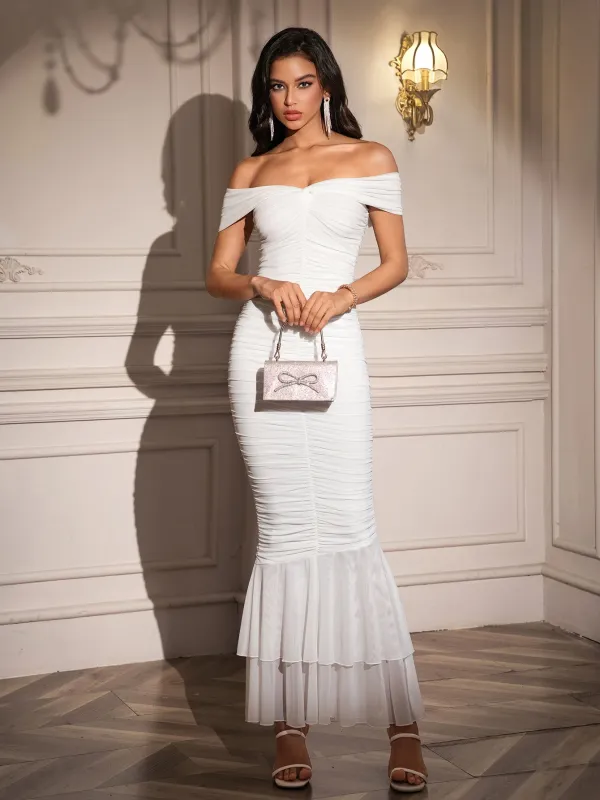 Off Shoulder Zipper Back Ruched Maxi Dress sold by Parthea Fashion